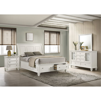 4 grands lits crème blanc, lit en bois massif avec panneau et tiroirs à fermeture en douceur, table de chevet, miroir de commode d'apparence crémeuse