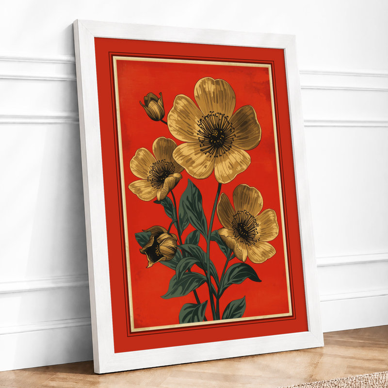 Golden Bloom On Red Botanical - Print, A3 - 42.0 x 29.7 cm, White