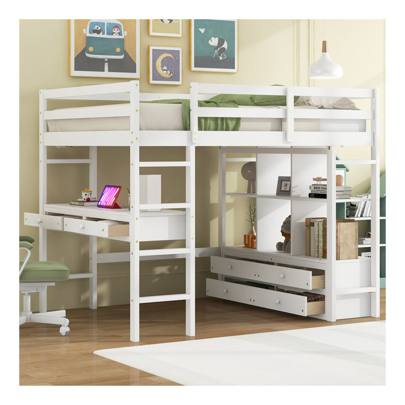 Lit mezzanine double avec bureau intégré avec deux tiroirs et tablettes et tiroirs de rangement, blanc
