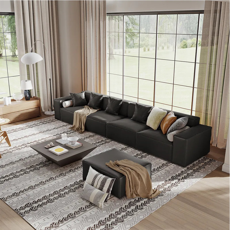 Canapé modulaire minimaliste avec repose-pieds 147,63 ", Cuir véritable noir