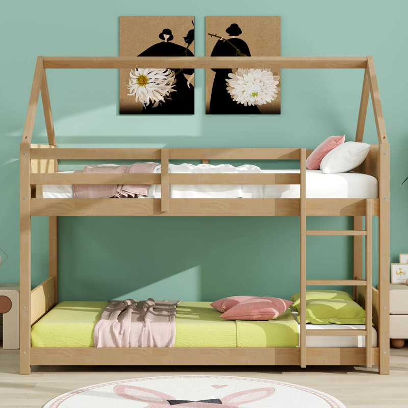 Twin Over Twin House Floor Bunk Bed With Headboards, Footboards And Guardrails, Ladder, White Oak