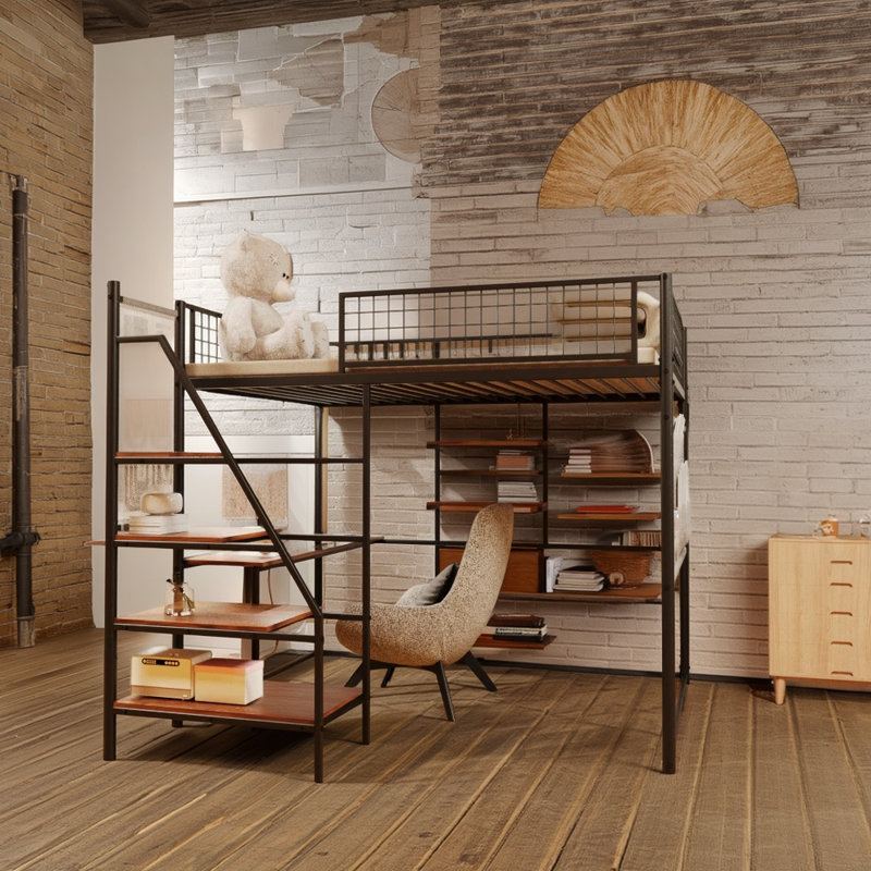 Full Size Metal Loft Bed For Bedroom/dorm With Charging Area And Led Light, Black