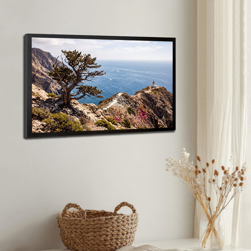 Art mural sur toile Windblown Tree and Lighthouse on Rocky Coast, 20"H x 30"W
