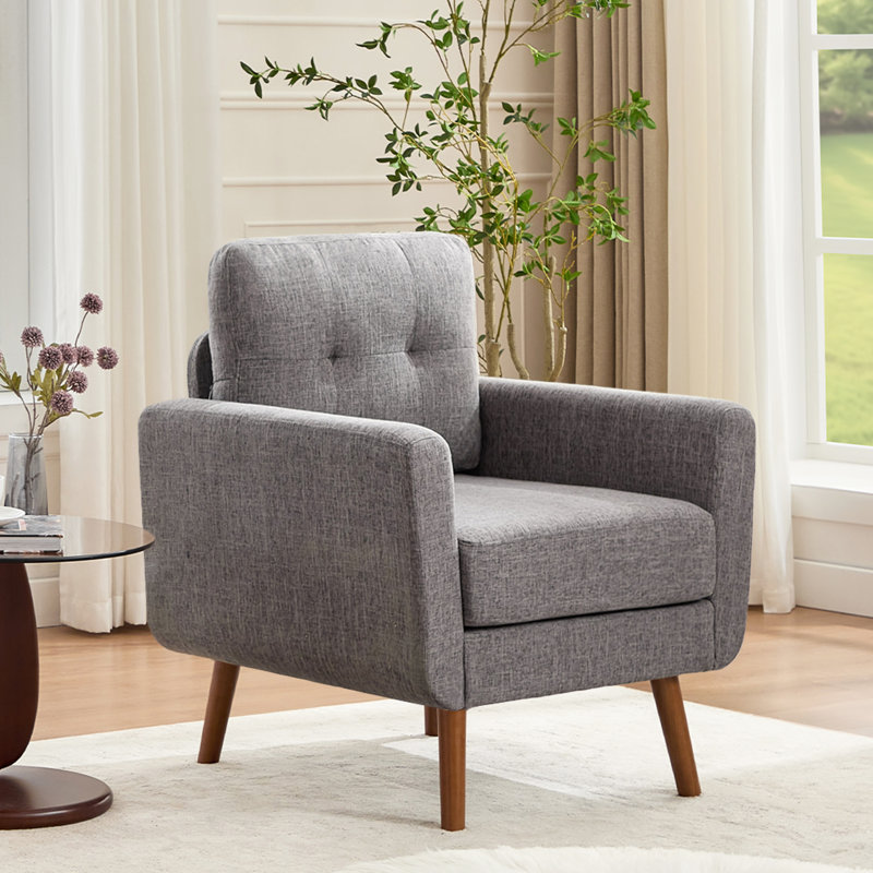 Estes 28.7" Mid-Century Modern Upholstered Accent Chair, Gray Linen