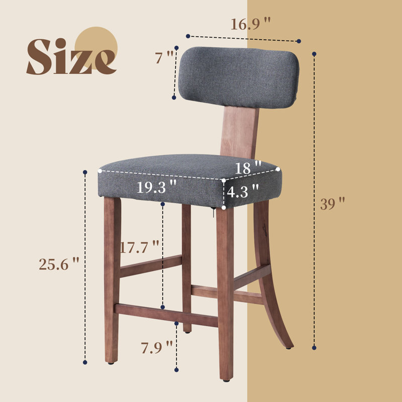 Tabouret de comptoir de style Mid-Century 25,6 po avec pieds en bois massif, Lin - gris