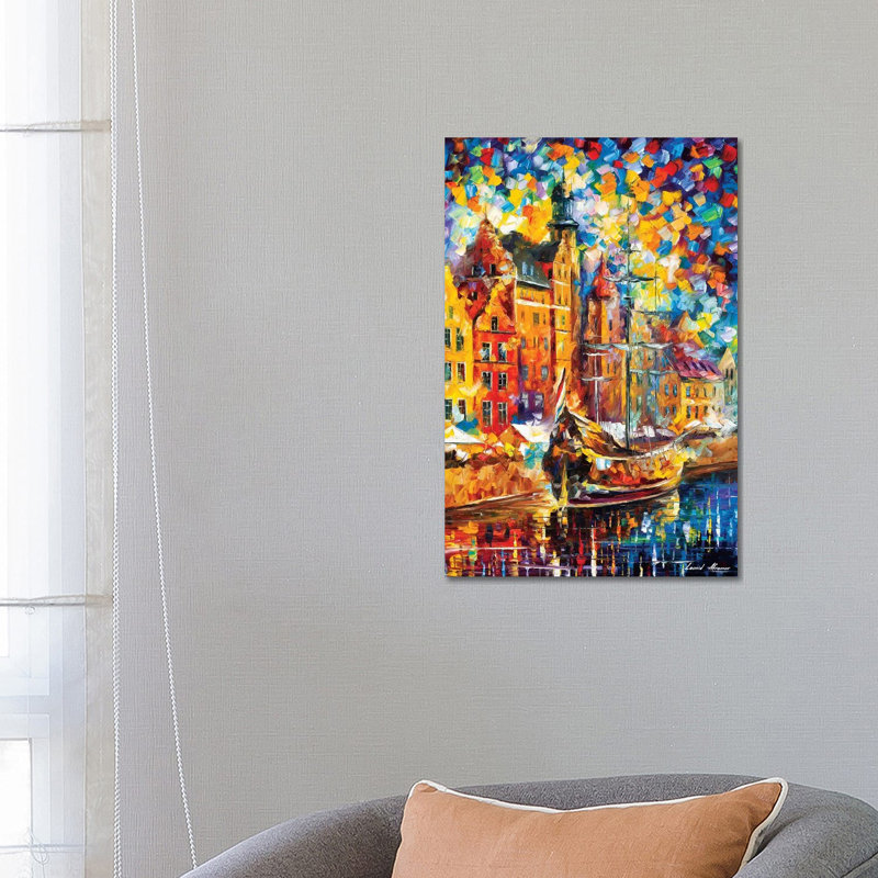 « Old dock » par Leonid Afremov, reproduction d’art, Pas de tapis, H 26 po x l 18 po x P 1,5 po, Toile tendue