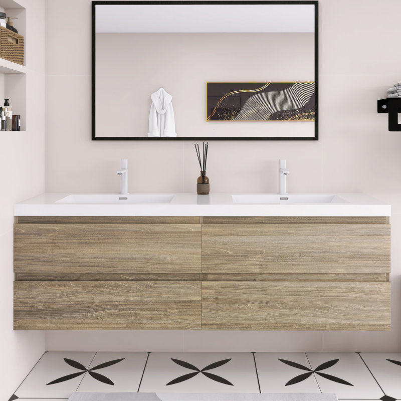 72" Wall-Mounted Double Bathroom Vanity With Resin Top And 4 Soft Close Drawers, Ash Gray