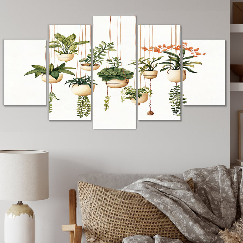Boho Botanical Joyful Hanging Houseplants I - Abstract Botanicals Wall Decor - 5 Panels