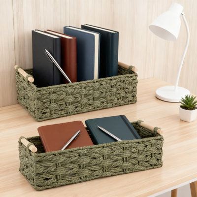 Handmade Paper Rope Storage Baskets With Metal Frame, Decorative Woven Organizer Bin For Bathroom Living Room Bedroom Office Home