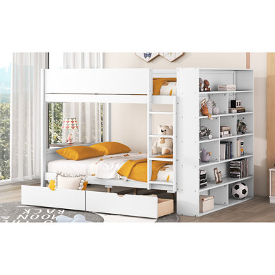 White Bunk Bed With Drawers And Cabinet For Organized Storage - Comfortable Sleeping Option Space 2 Handy Cabinet, Ideal Family Living Spaces