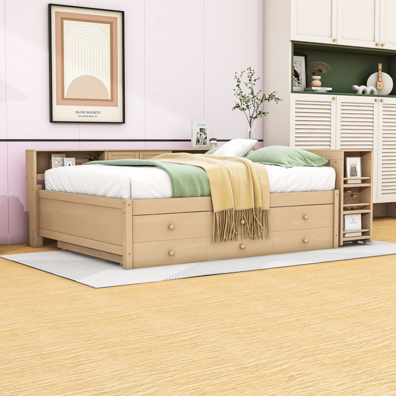 Wooden Frame Daybed with Trundle and Desk and Drawers, Full, Golden