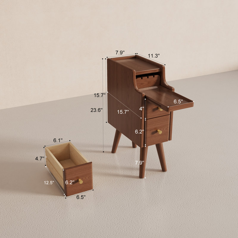 Narrow Solid Wood Nightstand with 2 Drawers, Brown, 19.68"H X 7.87"W X 15.74"D 