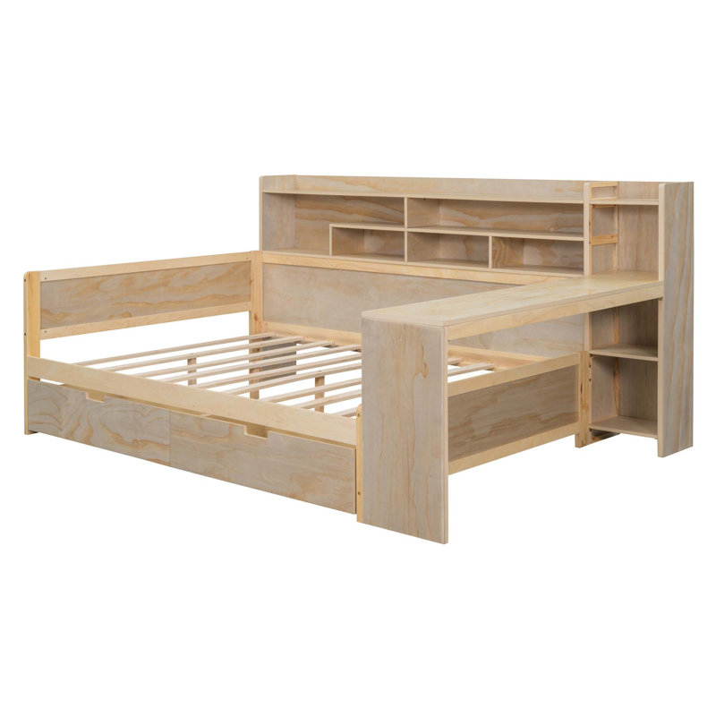 Baelee Wooden  Multi-Functional Daybed With Storage Shelves, 2 Storage Drawers And  Study Desk, Natural, Full