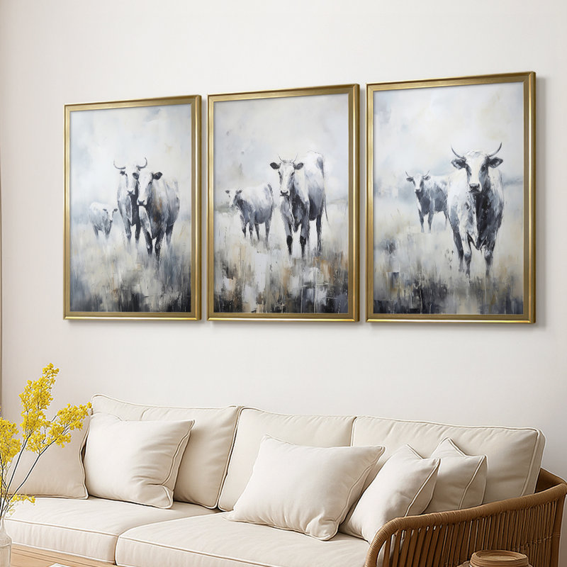 ANIMALS Series CCLX - Toile tendue avec châssis sur mesure - 3 pièces, H 19 po x l 27 po, Doré