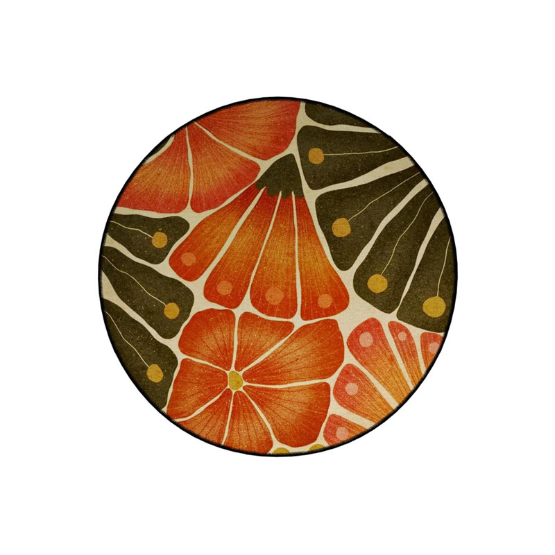 Orange Green Flower And Leaf Detailed Woven Base Modern Decorative Carpet, Round 3'4"