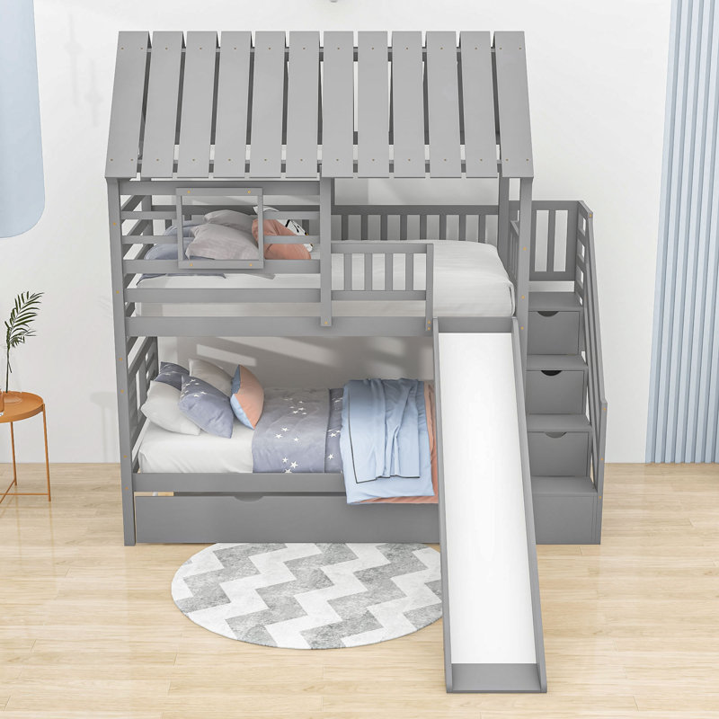 Purvi Kids Twin Over Twin Bunk Bed with Trundle, Gray