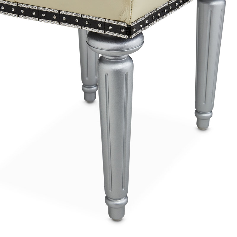 Hollywood Swank Leather Vanity Stool, Silver/Creamy Pearl
