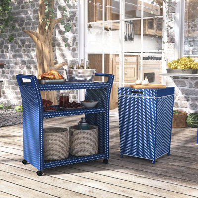Ursus Faux Wicker 2-Piece Outdoor Bar Cart and Outdoor Towel Hamper Set