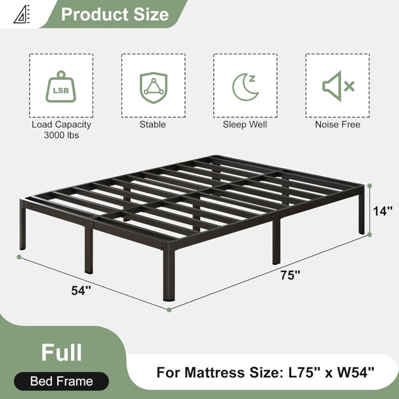 14 InchBed Frame With Rounded Corner Legs, 2000 LBS Heavy Duty Size PlatformBed Frame No Box Spring Needed, Noise Free, Easy Assembly,