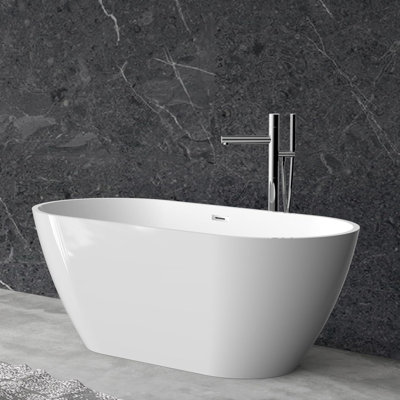 Modern Deep Soaking Acrylic Freestanding Bathtub – Glossy White Oval, Extra Deep, Chrome Overflow & Drain, cUPC Certified, Easy to Install – Flora Acrylic Freestanding Bathtub with Chrome Drain 1500mm