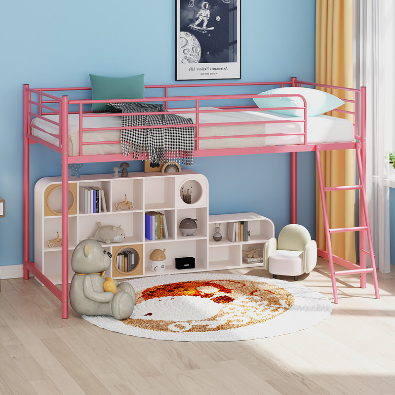 Junior Metal Twin Loft Bed With Guard Rails And Stairs, Pink
