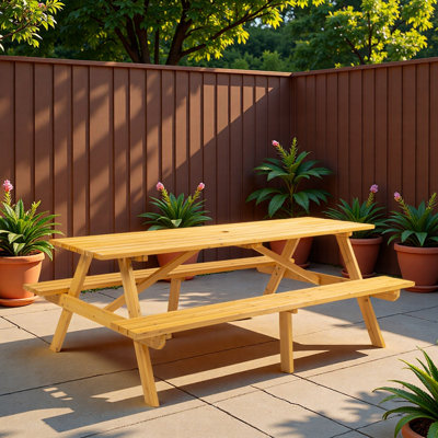 Table de pique-nique en bois pour 8 personnes avec trou pour parasol et structure triangulaire stable