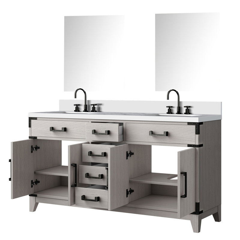Meuble-lavabo double l 60 po en chêne blanc avec comptoir en quartz - Décoration de salle de bain V 60 po x P 22 po