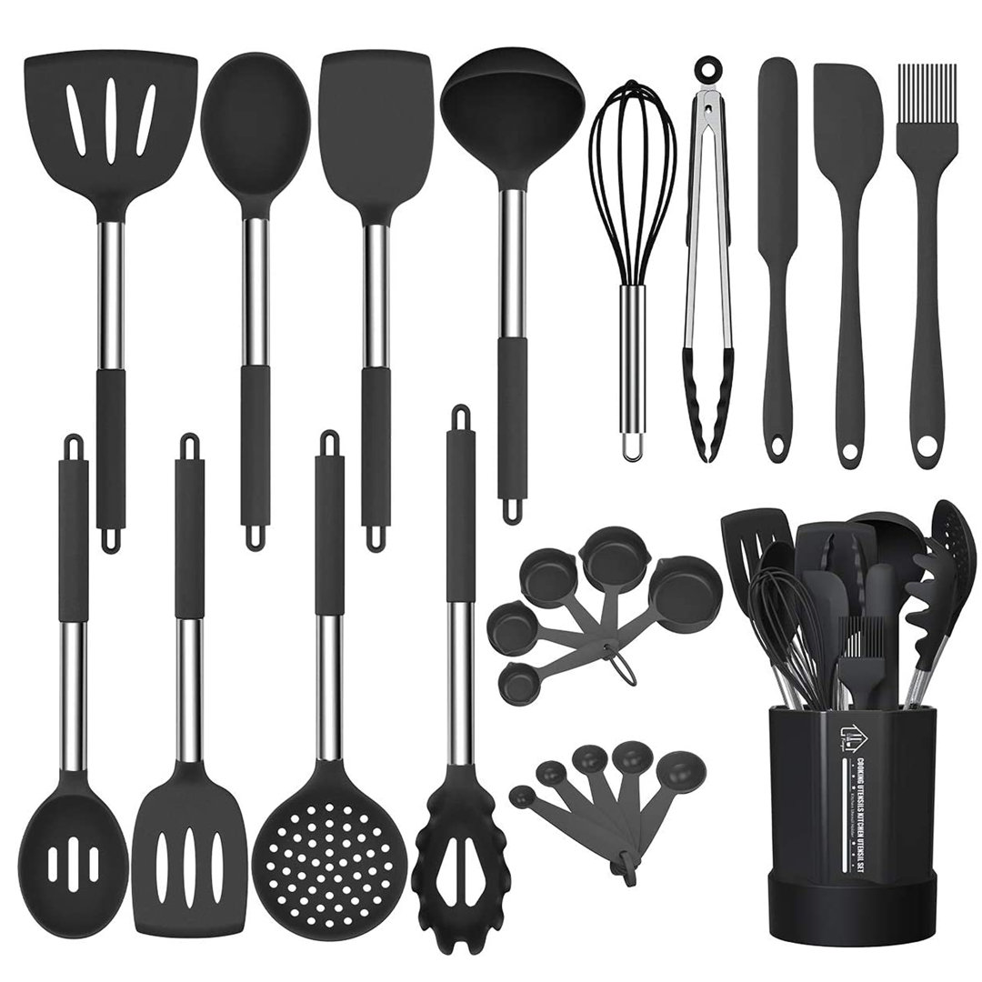 24 PCS Silicone Cooking Utensil Set, Stainless Steel Kitchen Utensils Set, Non-Stick Heat Resistant, Black DGPCT
