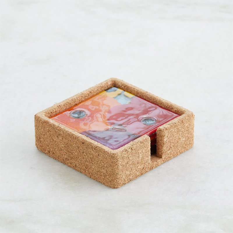 Fused Floral Coaster Set With Holder