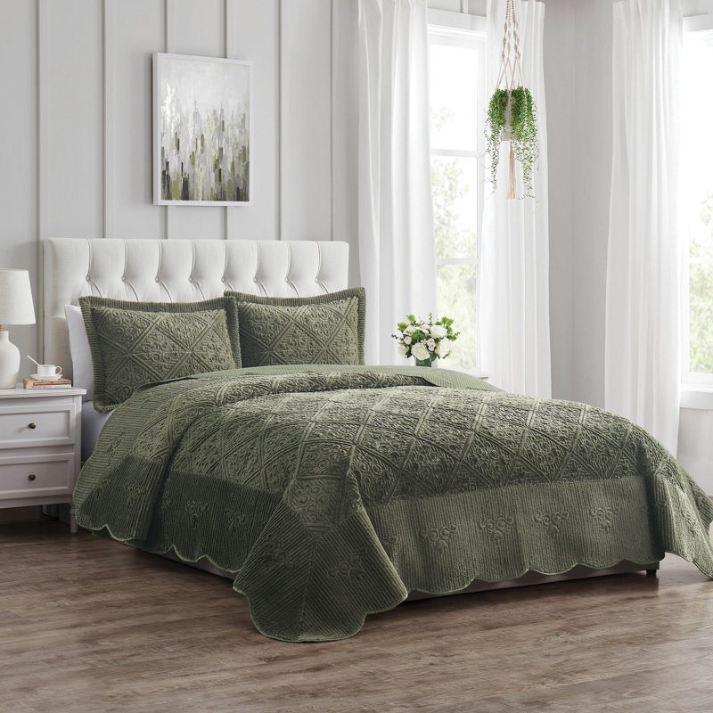 Ensemble de couvre-lit matelassé moelleux Westland, Couvre-lit de très grande taille et 2 taies déco, Olive Moss