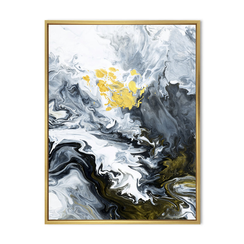 Or blanc et nuages de marbre jaune III - peinture sur toile, Cadre flottant doré, H 44 po x l 34 po