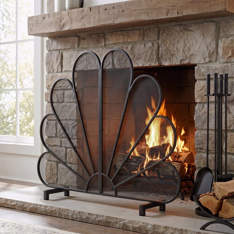 Black Fan‑Shaped Peacock Design Freestanding Fireplace Screen, 2‑Panel Ornate Metal Mesh Spark Barrier For Indoor Home Fireplaces, 41" L X 33" H