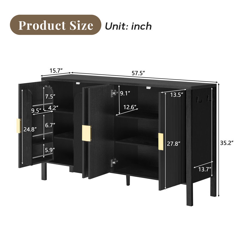 57.5" W 4-door 4-shelf Wood Storage File Cabinet Credenza, Black