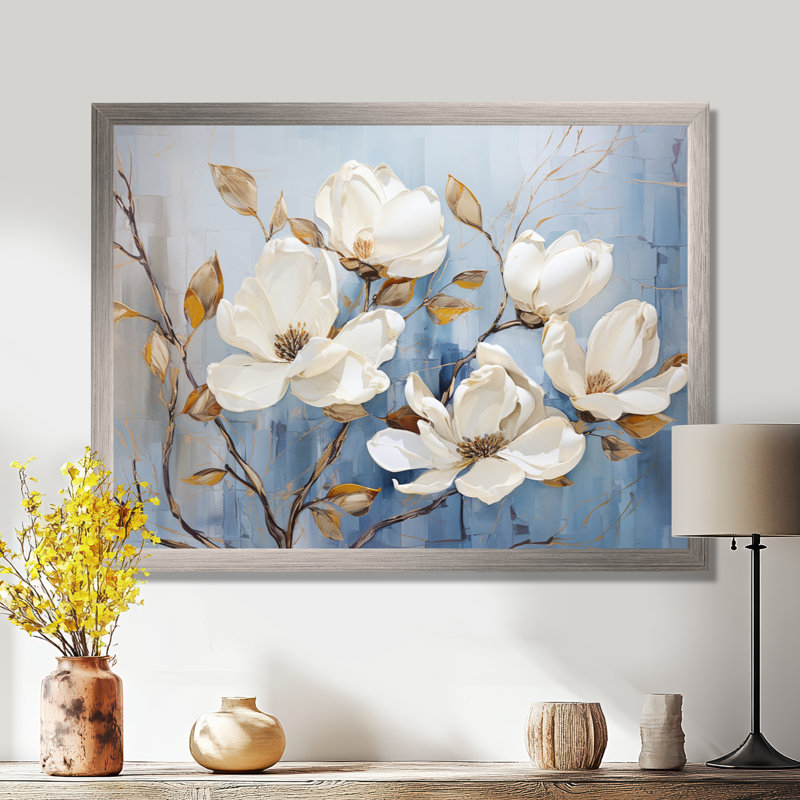 Élégant art mural blanc et bleu Magnolias Bloom VI - Magnolias, Cadre simple argenté, H 34 po x l 44 po x P 1,5 po
