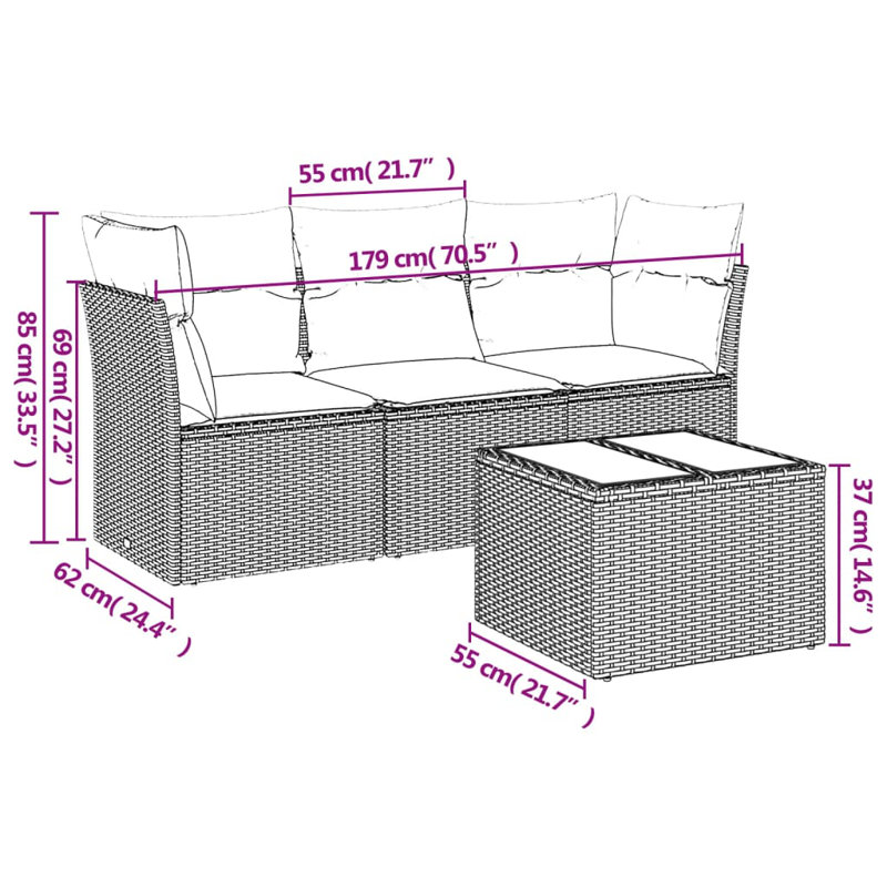  4 Piece Patio Sofa Set With Cushions Brown Poly Rattan, Light Blue, Black