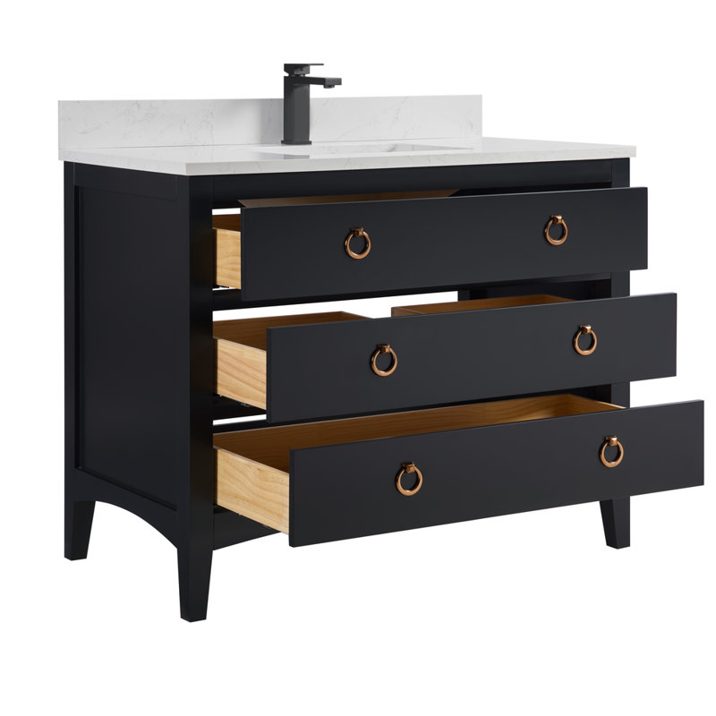 Meuble-lavabo 42 po en bois massif avec comptoir en marbre d'ingénierie 1 po, lavabo simple, Noir tricorne, Or rose, 42"