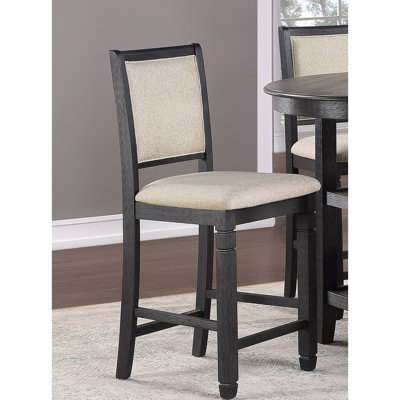 Counter Height Chairs, Black Wooden Frame With Textured Beige Upholstery 2Pcs Upholstered Wood Of 2