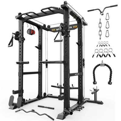 Sportsroyals Smith Machine All-in-one Power Cage & Squat Rack Cable Crossover System | 4000lbs Capacity, Complete Home Gym