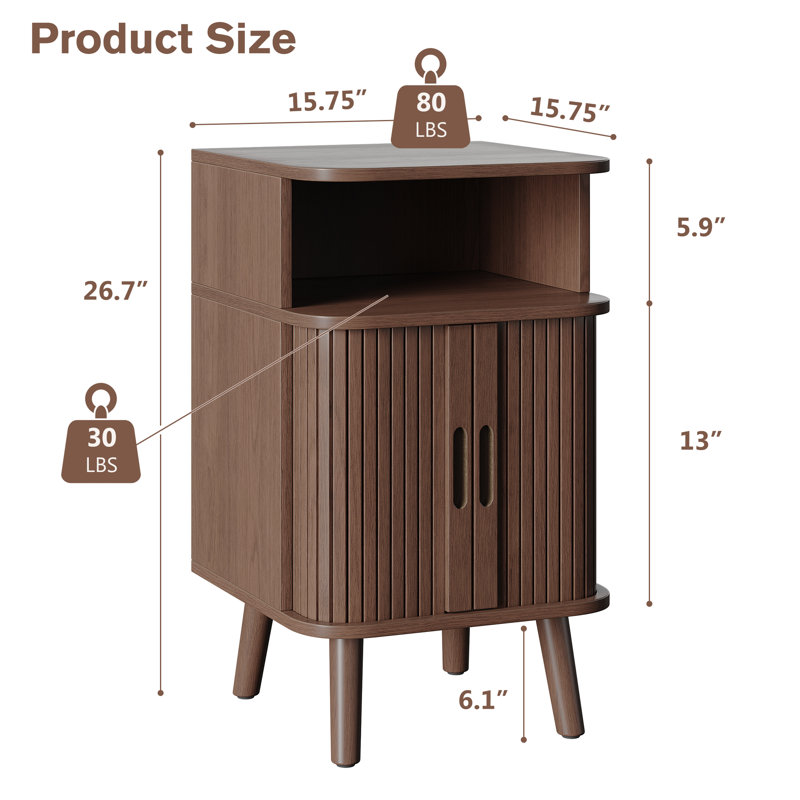 Mid Century Modern Nightstand, Fluted End Table With Open Shelf and Storage Cabinet, Curved Round Edge Wood Bedside Table with Slide Doors, Walnut (1PC)