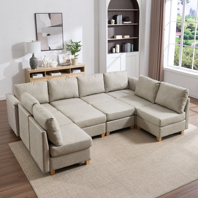 10-Piece Modern Upholstered Sectional Sofa, Beige Faux Leather, Natural