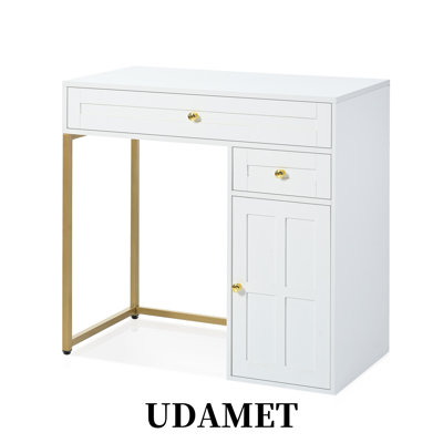 31.5"Makeup Vanity Desk,White & Gold,LED Round Mirror,2 Drawers,Adjustable Shelf,Gold Iron Legs
