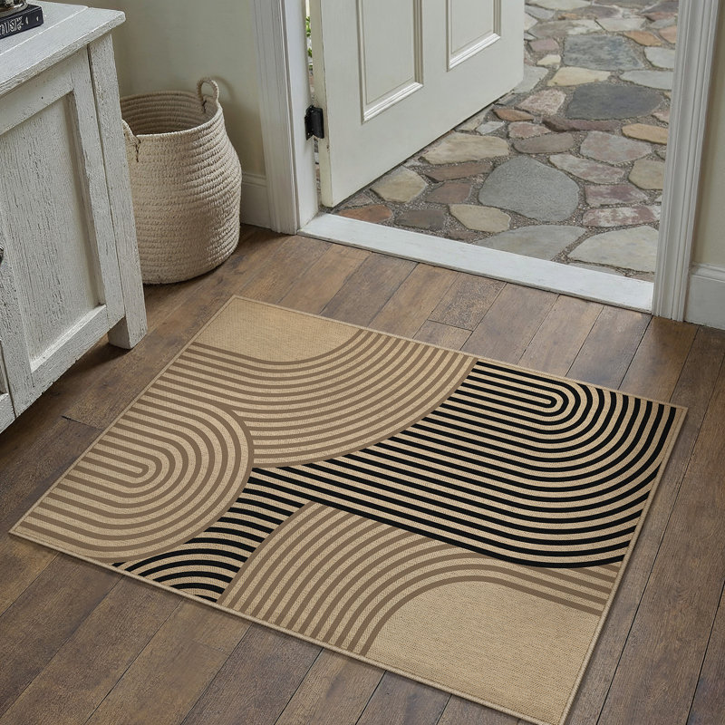  Geometric Striped Jute Area Rug in Black/Brown, Rectangle 2' x 3'