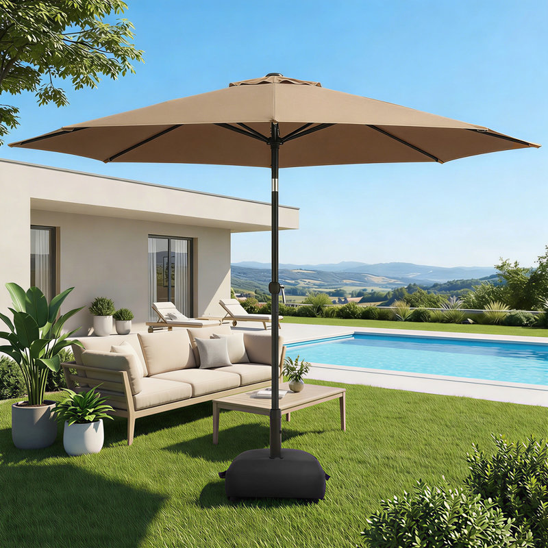Parasol de marché 10 pi avec base et bouton poussoir inclinable 10 pi, Tanné