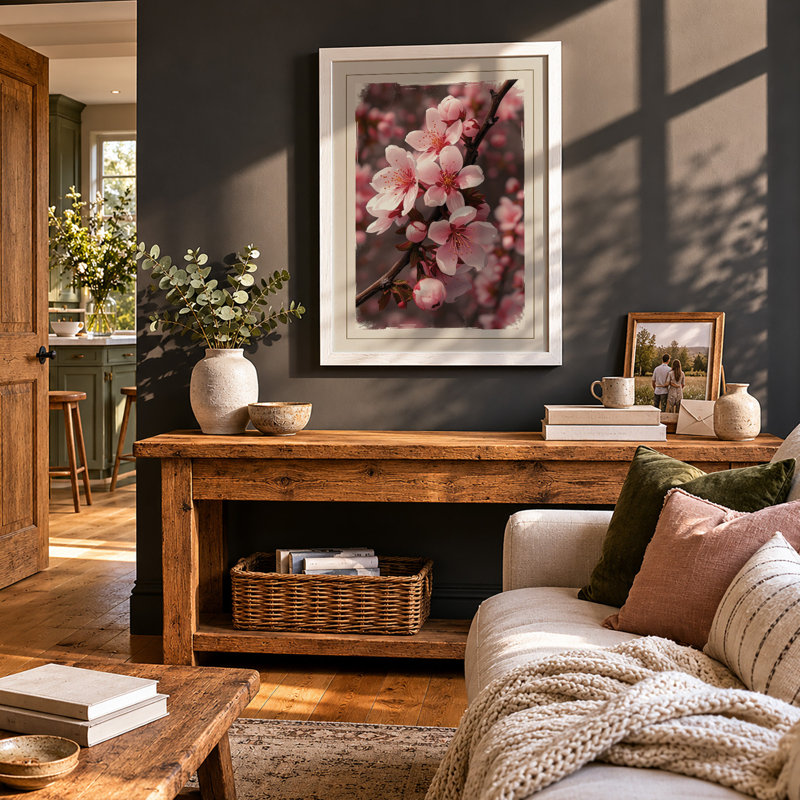 Soft Cherry Blossom Botanical - Framed Print, A3 - 42.0 x 29.7 cm, Walnut