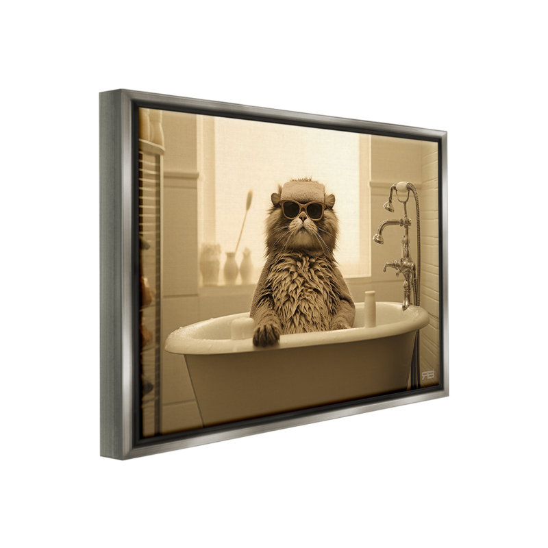"Cool Cat In Bathaign" par RB sur toile, H 17 po x l 21 po, Cadre flottant gris lustré
