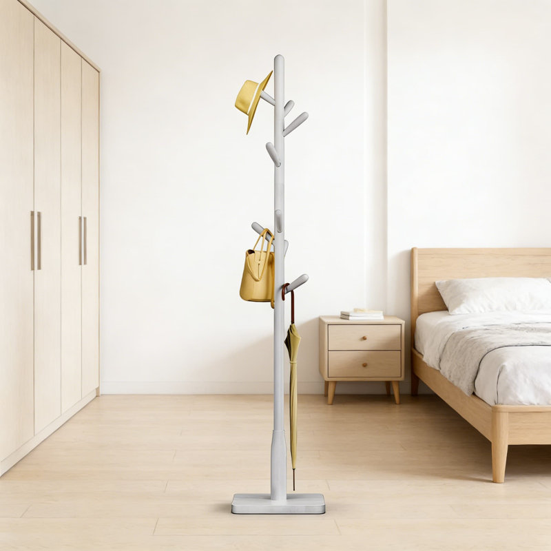 Solid Wood Coat Rack With 8 Hooks And Spares, Free Standing Coat Tree For Entryway And Hallway, Heavy Duty Rubberwood Construction With Adjustable Height