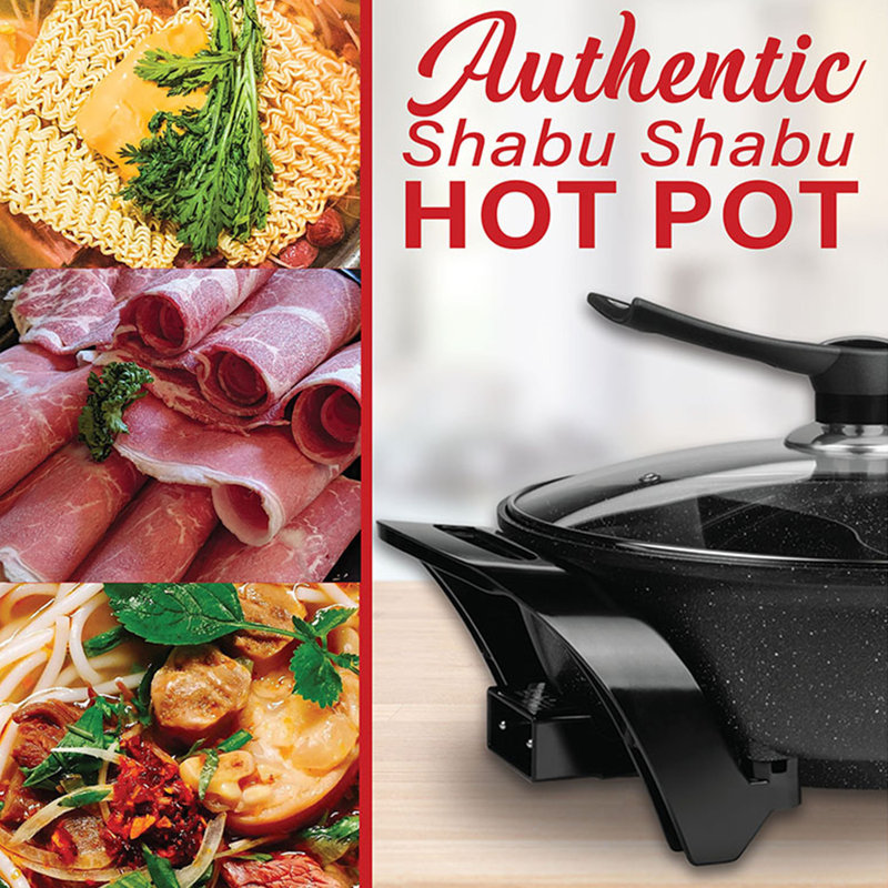 Black Electric Non-Stick Shabu Shabu Hot Pot with Glass Lid