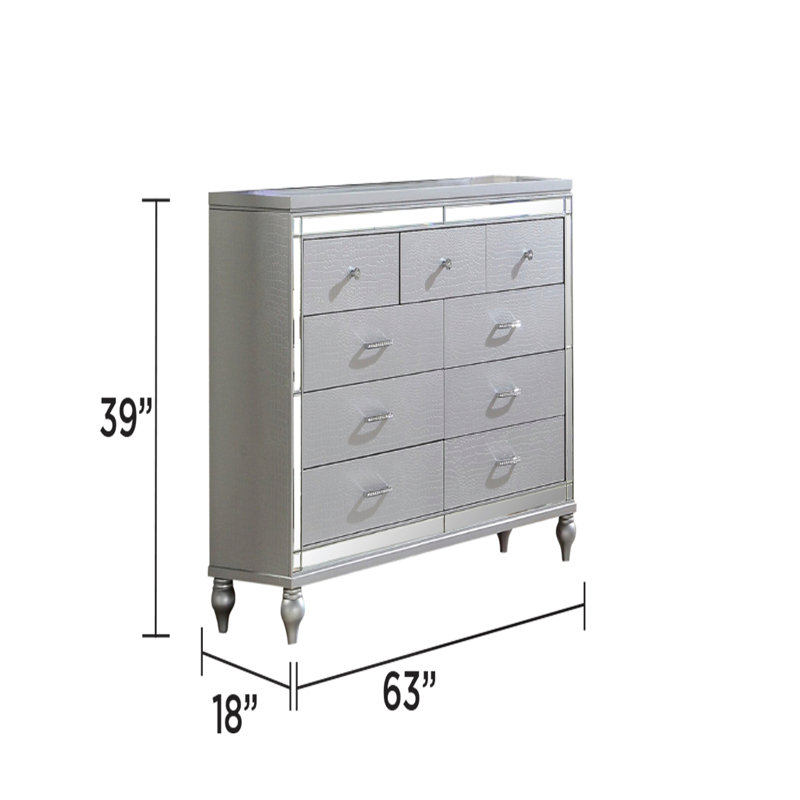 Commode 9 tiroirs avec cadre en miroir, Argent argent