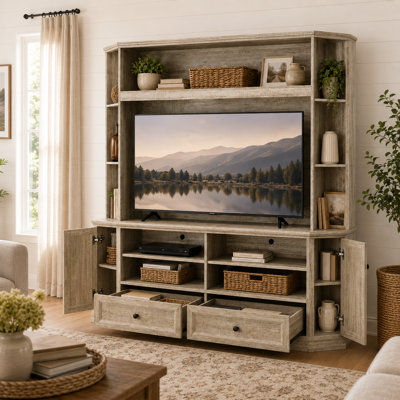 66.9" Farmhouse Entertainment Center For Tvs Up To 55", TV Stand With Side Cabinets, 2 Drawers, Adjustable Shelves And Cable Management