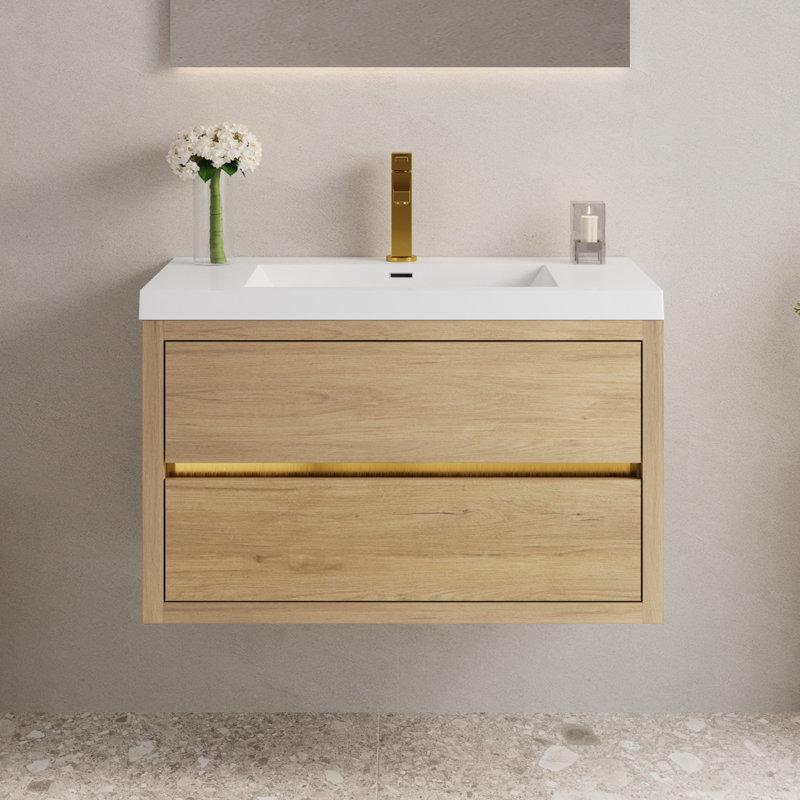 36" Wall-Mounted Bathroom Vanity Floating Single Sink Vanity with Stone Resin Top and Basin, 2 Soft Close Drawers